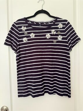 Talbots Navy and White Striped Floral Appliqué Tee